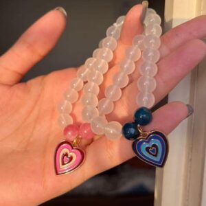 Pink & Blue Heart Charm with White Matte Bracelet