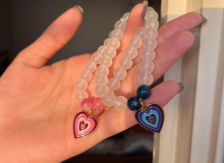 Pink & Blue Heart Charm with White Matte Bracelet